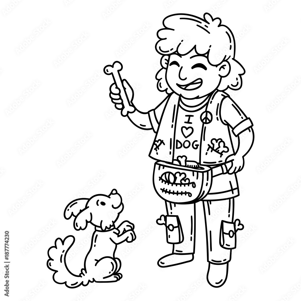 Man with dog. Isolated objects on white background. Cartoon vector illustration. Coloring pages.