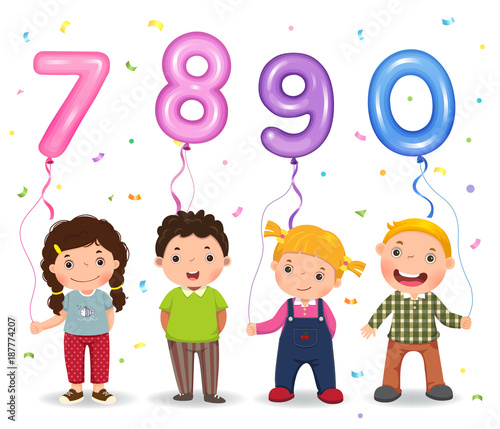 Cartoon kids holding number 7890 shaped balloons