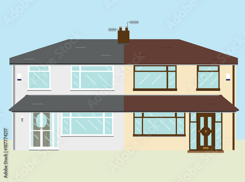 Typical UK semi detached rendered fifties house with extended porch front