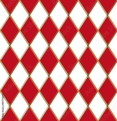 Seamless pattern with rhombuses. Traditional Harlequin pattern. Red and white rhombuses with a gold frame. Vector illustration