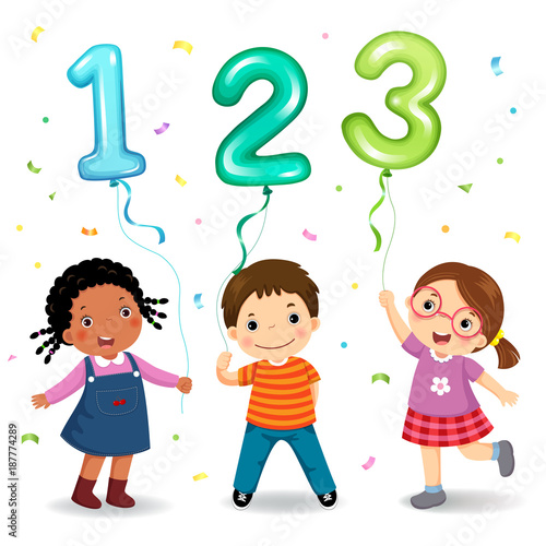 Cartoon kids holding number 123 shaped balloons