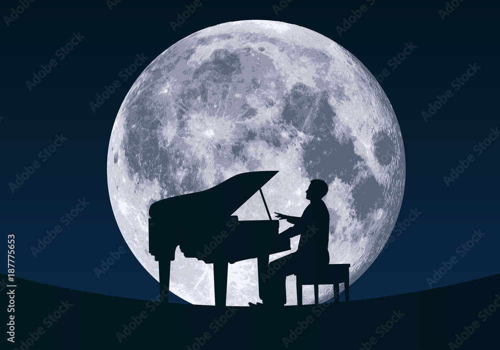 pianiste - piano - musique - lune - clair de lune - musique classique -  artiste - nuit - romantique Stock Vector | Adobe Stock