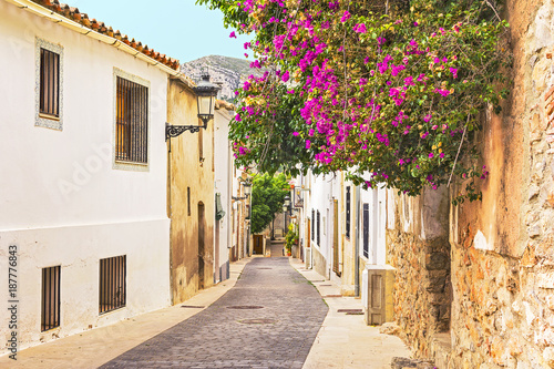 Fototapeta Naklejka Na Ścianę i Meble -  Picturesque old narrow street in a small Mediterranean town, Spain
