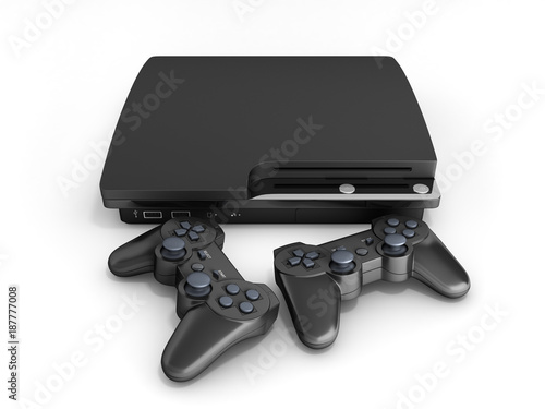 black game console with joysticks isolated on white background 3d render photo