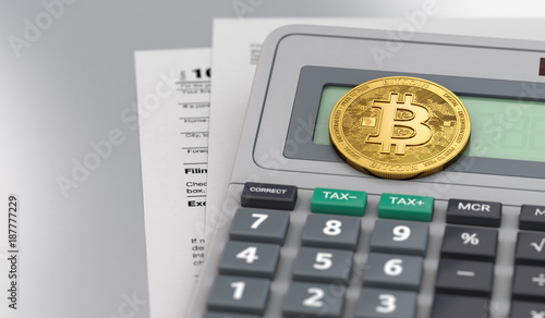 Calculator with documents and Bitcoin on table. Accounting cryptocurrencies concept. 3D rendering photo