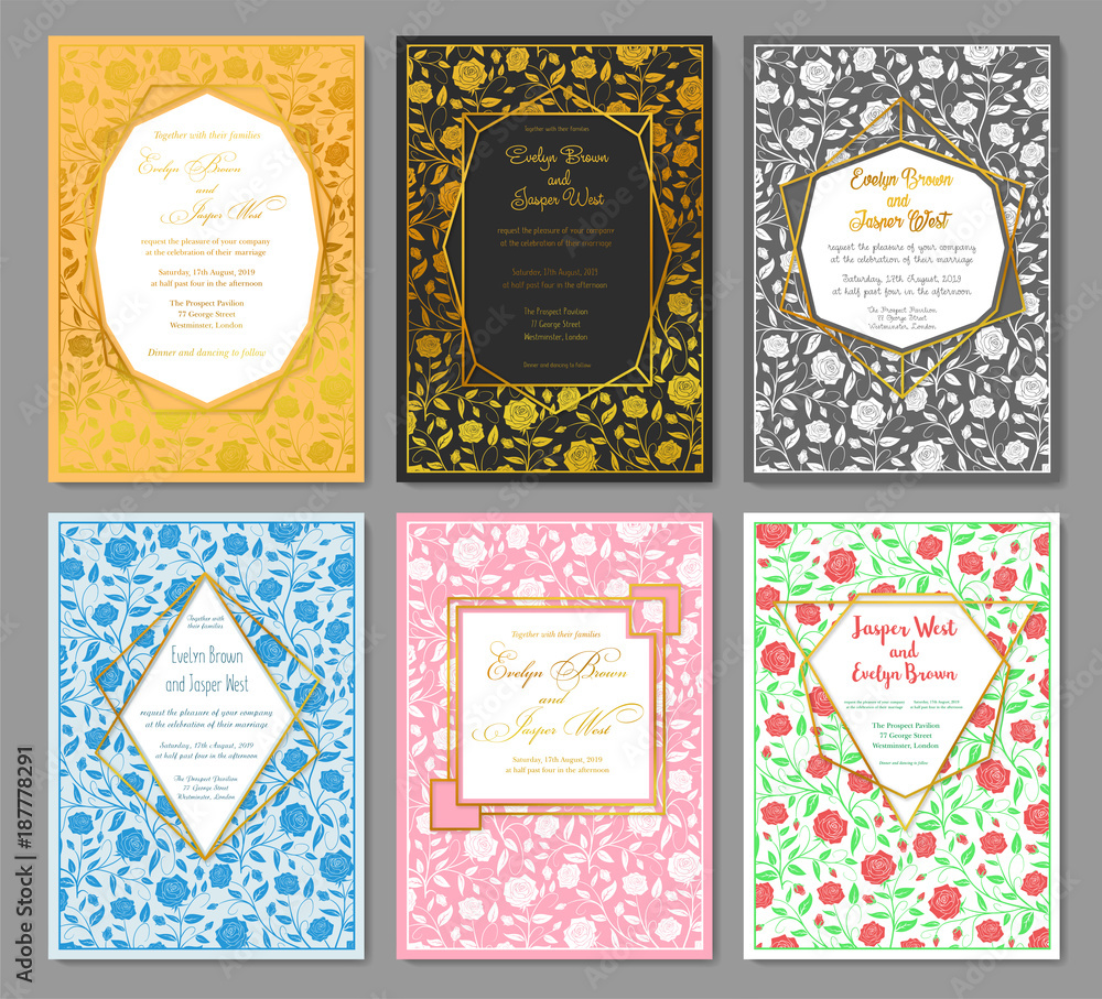 Hand drawing a set of wedding invitation patterns. Floral roses ...