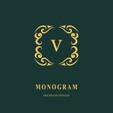Beautiful monogram. Elegant emblem. Art logo design. Letter V. Graceful template. Business sign, identity for Restaurant, Royalty, Boutique, Cafe, Hotel, Heraldic, Jewelry, Fashion Vector illustration
