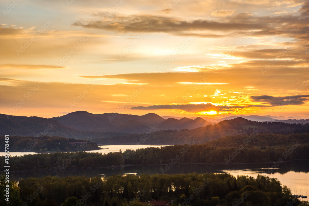 Sunrise over the Solina lake in Polanczyk, Bieszczady, Poland