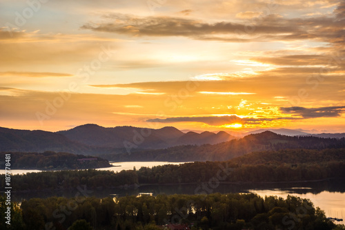 Obraz na płótnie Sunrise over the Solina lake in Polanczyk, Bieszczady, Poland w salonie