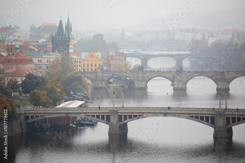 Top view of river Vltava and Prague bridges