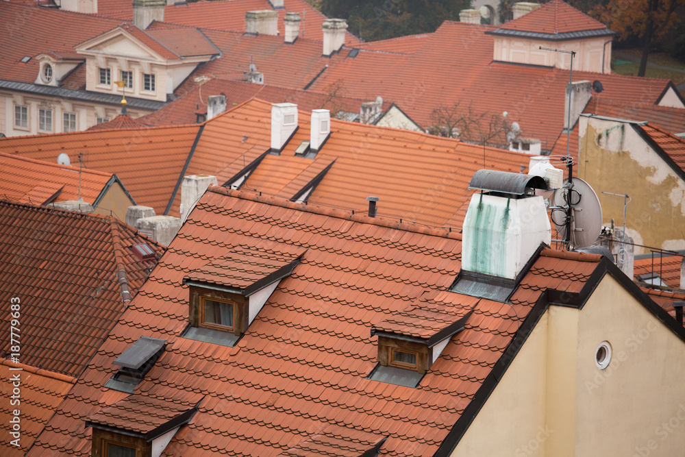 Aerial view of Prague, Czech Republic. Houses with roofs covered with red tiles
