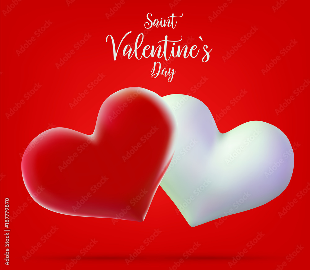 Valentine s day concept. Vector illustration. 3d colorful white and red hearts with thin square frame. Cute love banner or greeting card. Place for your text