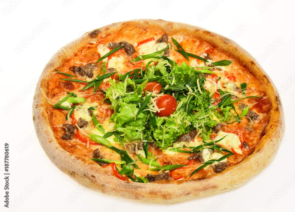 Take away food with crunchy edges. Pizza with sausages Take away food with crunchy edges. Pizza with sausages