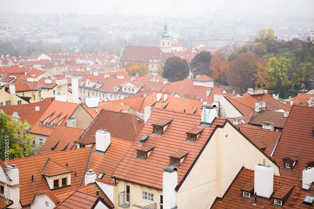Aerial view of Prague, Czech Republic. Houses with roofs covered with red tiles
