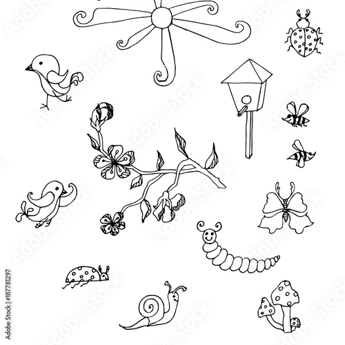 Set of hand drawn cute doodle monochrome elements. Thin black line caterpillars, birdhouse, bees, ridges, snail, butterfly, blooming branch, ladybugs clip art stock vector illustration