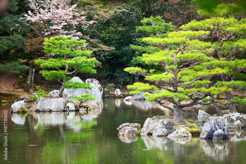 Fototapeta Naklejka Na Ścianę i Meble -  Ten smaller islands of the Mirror Pond (Kyoko-chi lake) are in a magnificent Japanese strolling garden. Kyoto, Japan. Rainy day