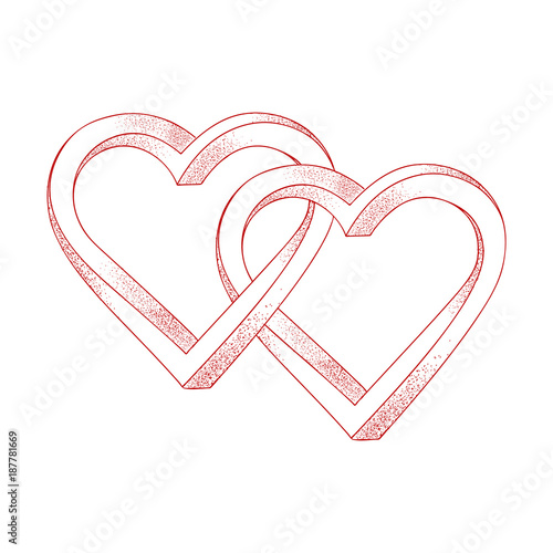 Two hearts intertwined on white background. Optical illusion of 3D three-dimensional volume. Vector illustration. Valentine's Day.