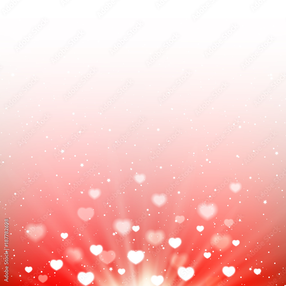 Heart bokeh on red shiny background
