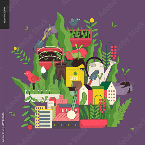 Urban farming and gardening collage with gardening tools, greens and houses.
