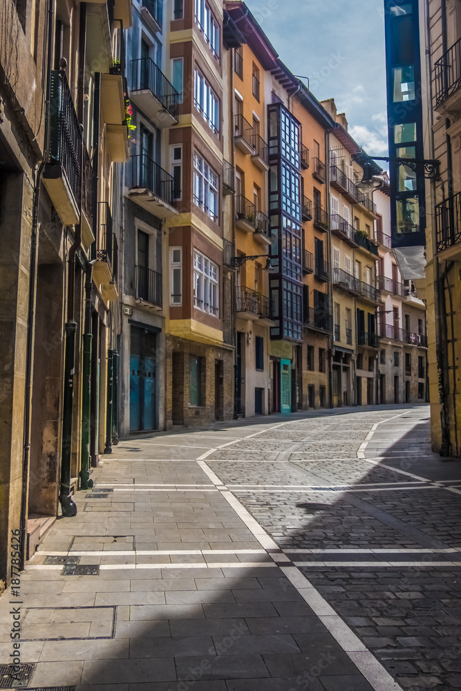 Estafeta Street, where the running of the bulls during the San Fermin festival take place, Pamplona (Iruña), the historical capital of Navarre, Spain. 