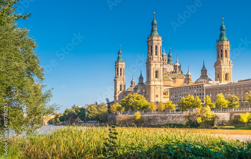 View of the cathedral of the Savior (Catedral del Salvador) from the banks of the Ebro river, Zaragoza, Aragon, Spain. photo