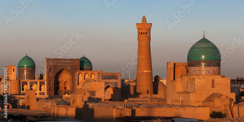 Panorama of the ancient city of Bukhara mosques and minaret Kalyan.