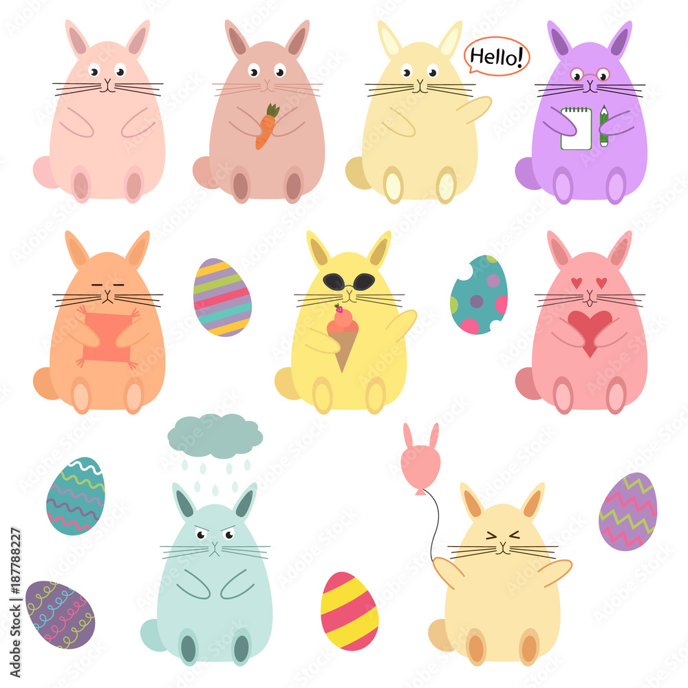 Obraz premium Set of cute cartoon Easter bunny characters. Rabbits with different emotions in kawaii style. Easter eggs. Vector illustration.