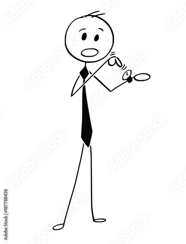 Conceptual Cartoon of Businessman Pointing at Wrist Watch