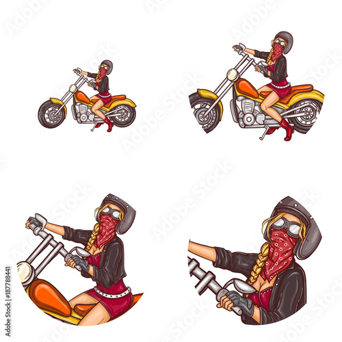 Set of vector pop art round avatar icons for users of social networking, blogs, profile icons. Blonde biker sexy girl in leather jacket, helmet, goggles on custom motorcycle. Isolated illustration.