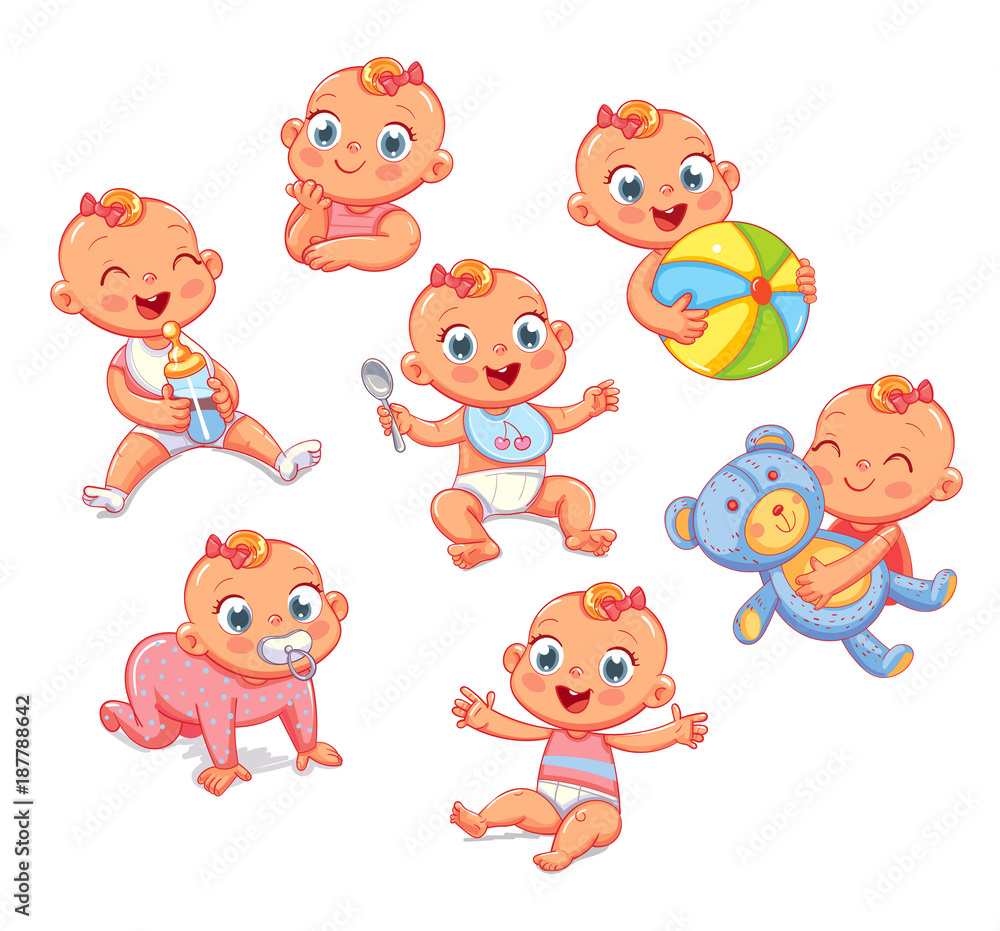 Happy smiling newborn girl in different situations. Set Happy smiling newborn girl in different situations. Set