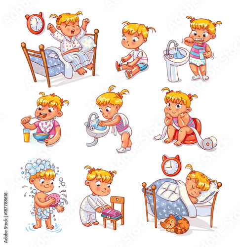 Cartoon kid daily routine activities set