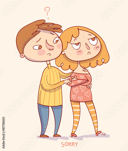 Boy trying to apologize say sorry to his girlfriend