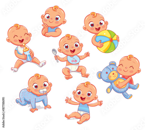 Happy smiling newborn boy in different situations