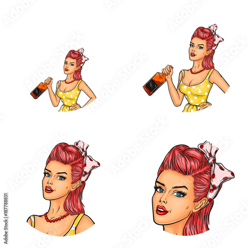 Vector set of female round avatars for users of social networks, blogs, profile icons in pop art style. Pin up girl, frivolous woman holds a glass bottle with alcohol in her hand and offers to drink