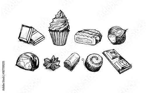 Hand drawn graphic chocolate set. Muffin, chocolate bar, cookie, candy. Isolated useful elements. Can be used for bakery, sweet shop or your design.