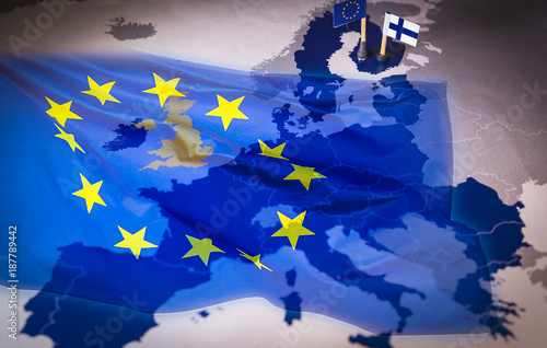 фотографія EU and Finland flags over an european union Map