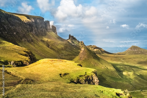 Dramatic landscapes of the Quiraing (A' Chuith-Raing), a landslip on the Isle of Skye in the Highlands of Scotland. photo