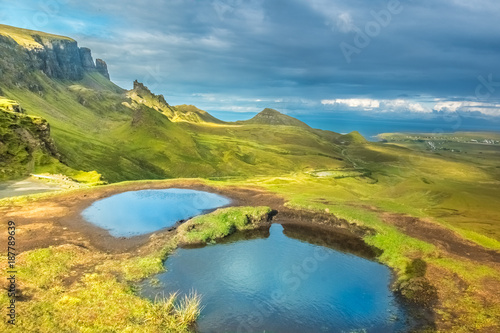 Dramatic landscapes of the Quiraing  A  Chuith-Raing   a landslip on the Isle of Skye in the Highlands of Scotland.