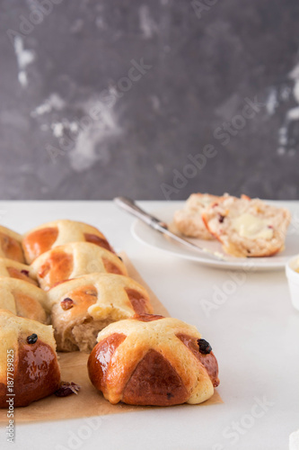 Homemade Easy traditional Hot Cross Buns, perfect for Easter. Toast and spread with butter.