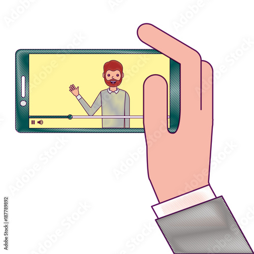 hand holding smartphone with video blogger on screen vector illustration