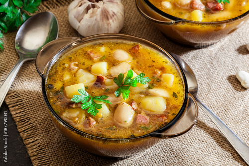 White bean soup with potatoes and bacon