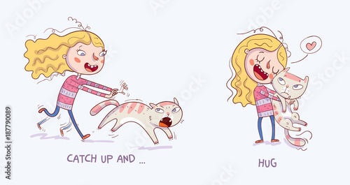 Cartoon girl is catching the cat. Girl holding and strongly cuddling cat