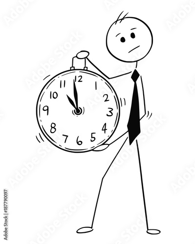 Conceptual Cartoon of Businessman Holding Large Clock