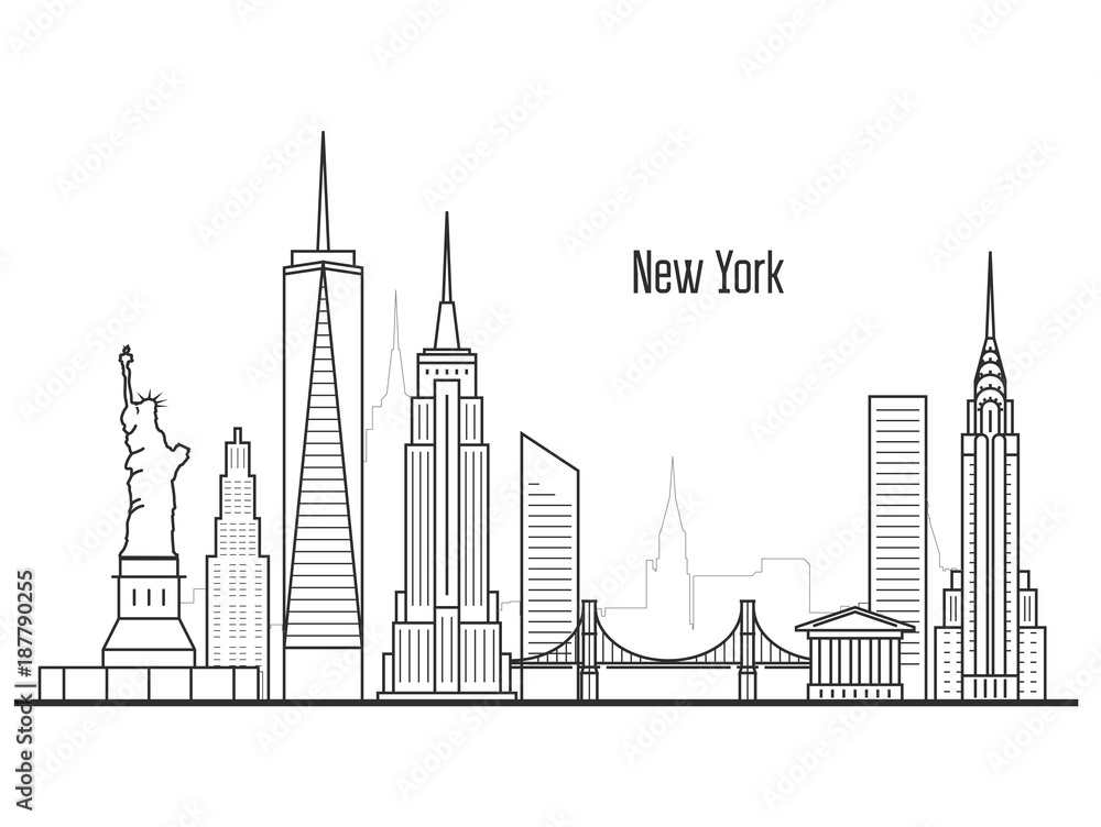 New York city skyline - Manhatten cityscape, towers and landmarks in liner style