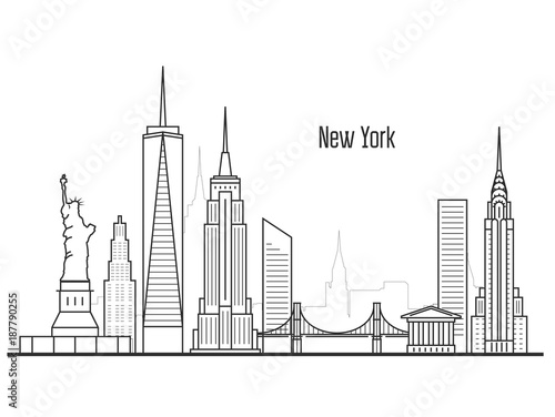 New York city skyline - Manhatten cityscape, towers and landmarks in liner style