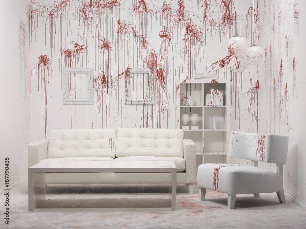 Blood like spatters on walls of white furnished living room, simulation  