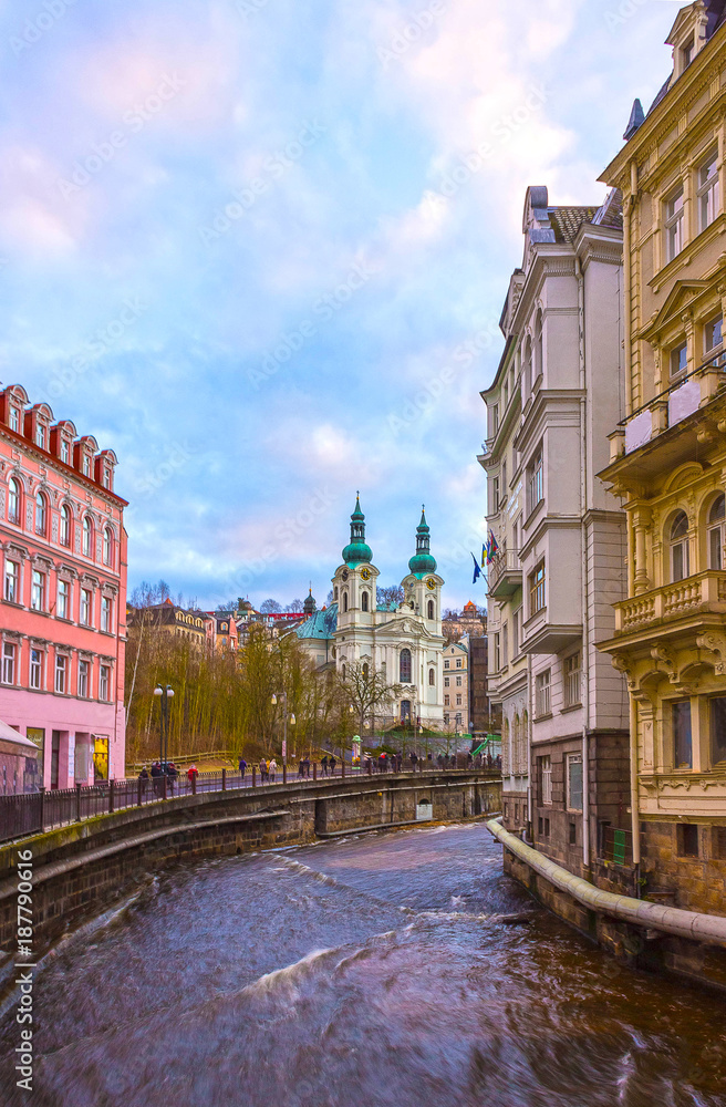 Fototapeta premium embankment of Tepla river in the center of Karlovy Vary, Czech republic