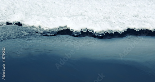 natural background of the dark water of the lake comes and melts white shiny cold ice