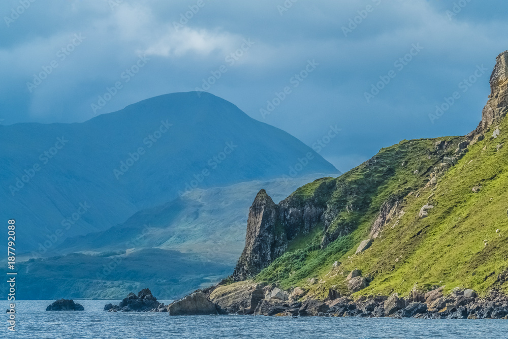 Coastal landscapes along the shores of the Sound of Raasay, near Portree, on the Isle of Skye. Scottish Highlands