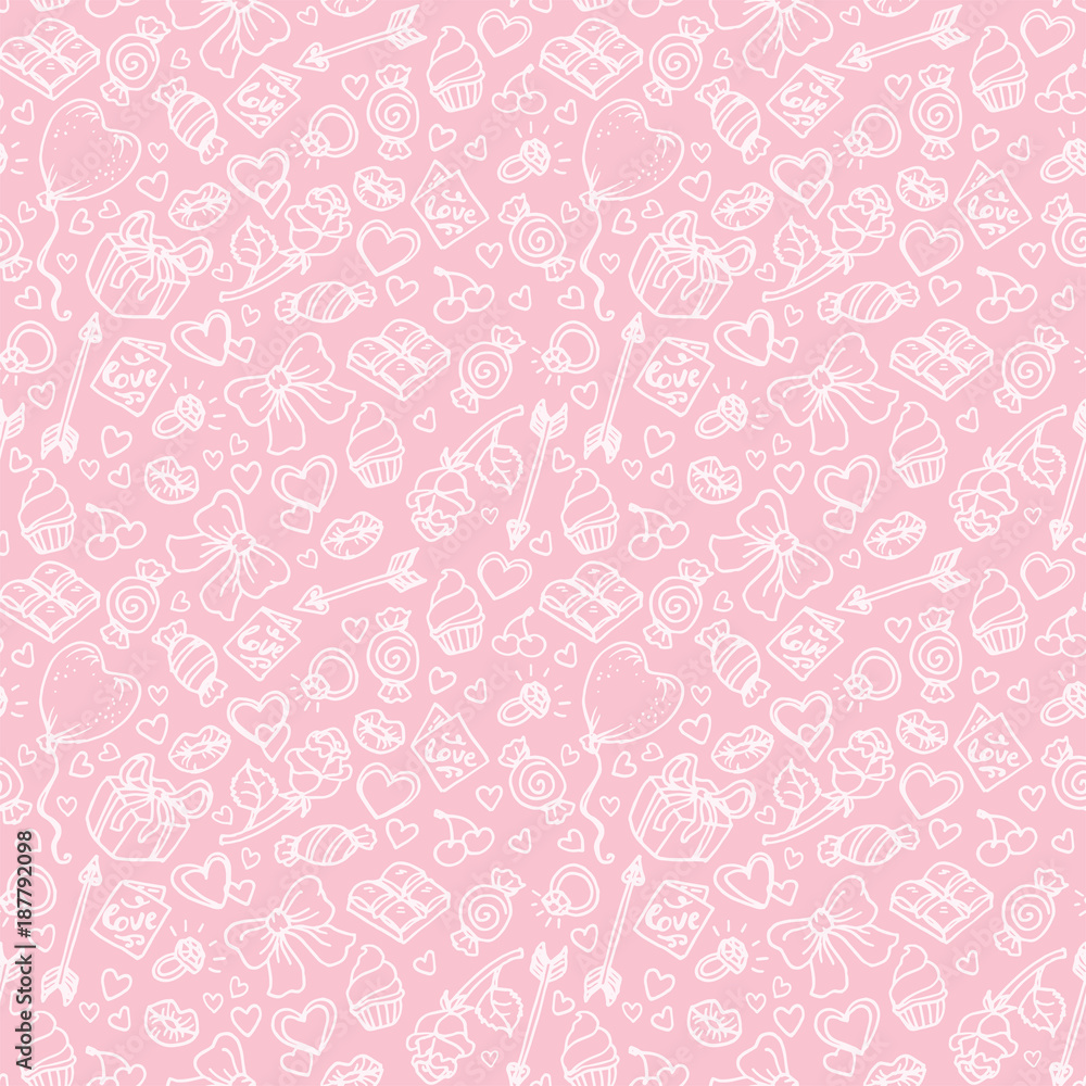 Vector pattern in sketch style for Valentine's Day. Rose, balloon, engagement ring, kiss, lips, hearts, ice cream, chocolate, candy, cherry, arrows. Valentine's day, wedding, love and romantic events. Vector pattern in sketch style for Valentine's Day. Rose, balloon, engagement ring, kiss, lips, hearts, ice cream, chocolate, candy, cherry, arrows. Valentine's day, wedding, love and romantic events.